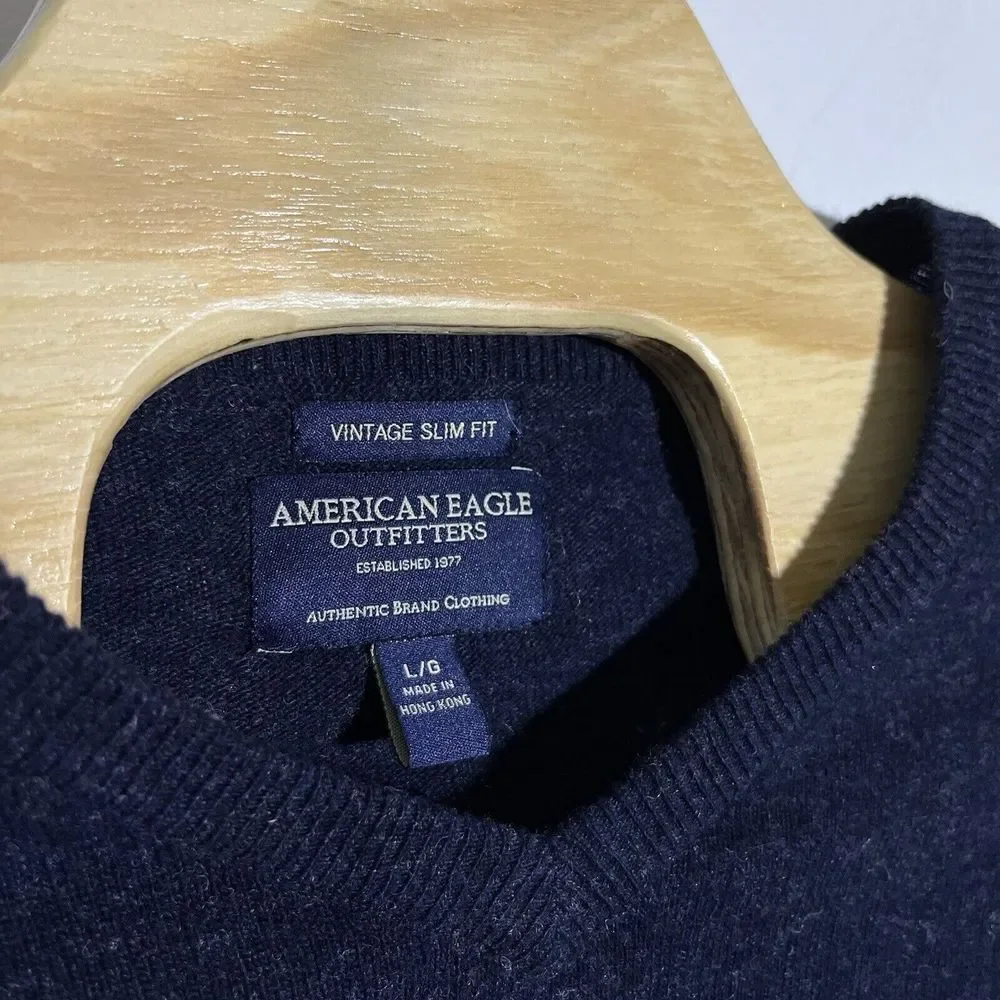 American Eagle Men's L Vintage Slim Fit Sweater V-Neck‎ Lambs Wool Navy Blue Y2K